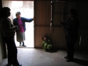 Inside one of the wooden houses